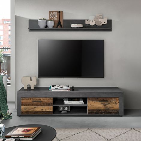 Meuble TV 2 portes 160x40x37 cm gris décor en bois brun - JAMO