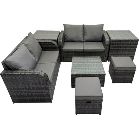 Fimous Rattan Garden Outdoor Furniture Set Love Sofa Square Coffee Table Set with 2 Side Tables 2 Small Stools Dark Grey Mixed (1/5)