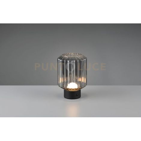 LORD LAMPADA DA TAVOLO RICARICABILE METALLO NERO E VETRO RIGATO FUME' REGOLAZIONE INTESITA' TOUCH H.19,5CM LED 1,5W 100lm, 3000K