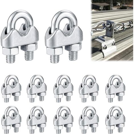 Serre Cable Inox 6mm, 12 Pièces Cmétalliques M6 Pince de Câble Métallique U pinces, Attaches pour Câbles Métalliques Acier Inoxydable, pour Corde à Linge, Auvent et Fixation(M6) (1/5)