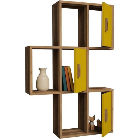 Mensola Carzano, 7 Ripiani, Colore Struttura Giallo, Sfumatura Colore Struttura Noce, 50x20x113h cm Marrone Noce