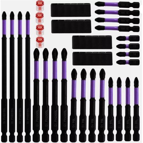24 magnetische, rutschfeste S2-Stahl-Schraubendreherbits, stoßfester Kreuzkopf, mit magnetischem Gel-Ringsockel und rutschfesten Kerben, Farbe Lila