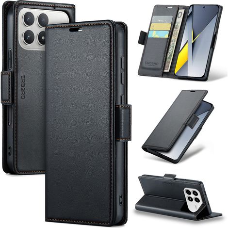 Funda para Xiaomi Poco F8 Pro, tipo cartera con tapa abatible color lichi brillante, color negro. (1/5)
