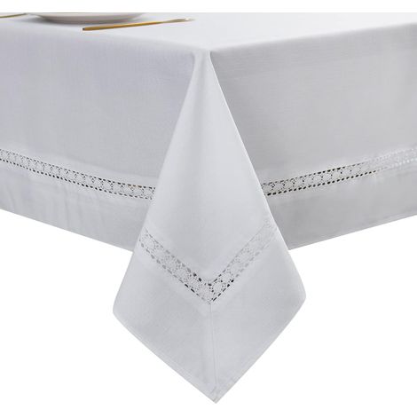 Nappe en Tissu Robuste avec Dentelle Blanche imperméable, Infroissable, résistante aux Taches/résistante à l'huile, pour Salle à Manger, intérieur et extérieur, Mariage, Vacances, Blanc (1/5)