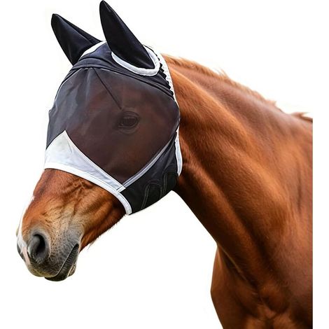 Masque Anti-Mouches Noir pour Chevaux, Protection UV, Masque Anti-Mouches Confortable et Respirant, Masque Anti-Mouches pour Chevaux (L)