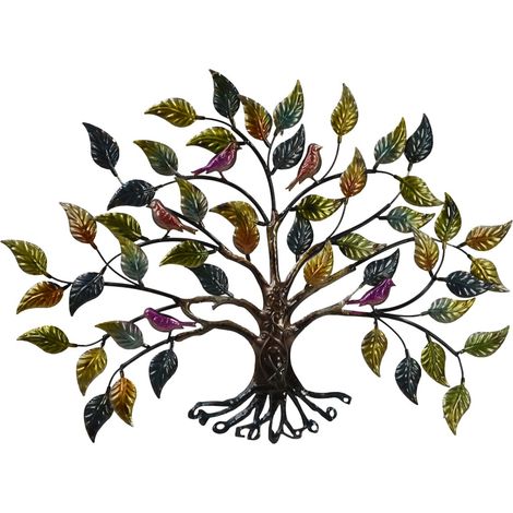 Décoration murale en métal représentant un arbre avec des oiseaux et des feuilles colorées (1/5)