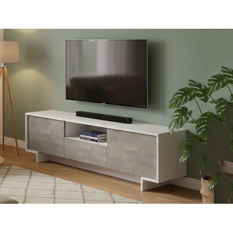 Dmora - Mueble TV Andrómeda, Mueble TV para salón, Aparador bajo de salón con 2 puertas y 1 cajón, 100% Made in Italy, 170x42h48 cm, Blanco y Cemento, con embalaje reforzado (1/5)