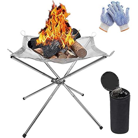 Foyer de feu extérieur portable, 42 cm pliable en acier inoxydable grillagé, brasero BBQ pour patio, jardin, camping, pique-nique, feu de camp – avec gants résistants à la chaleur et sac de transport