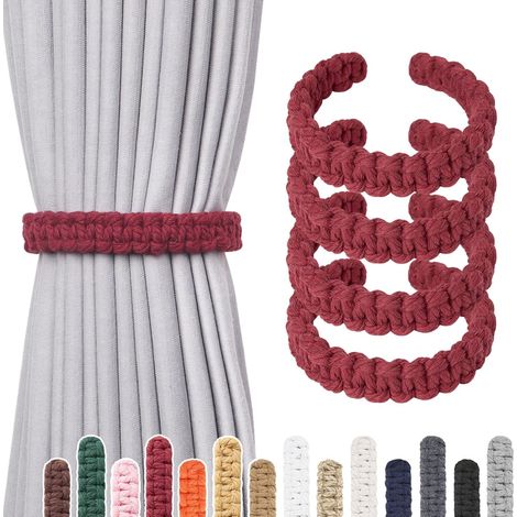 Lot de 4 embrasses de rideaux en corde de coton naturel - Style rustique de ferme - Décoratifs pour rideaux légers/en mousseline - Fabriqués à la main - Tressés - Pour la maison (C-Rouge (1/5)