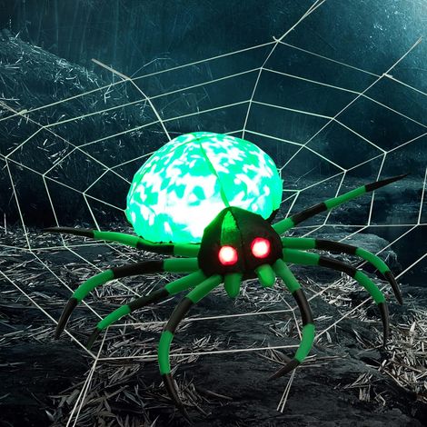 COSTWAY Araña Inflable de Halloween con Telaraña, Araña Inflable Aterradora con luz LED Giratoria, Patas Verdes y Negras, Decoración Impermeable de Halloween para Patio, Fiesta, Jardín, Césped (1/5)