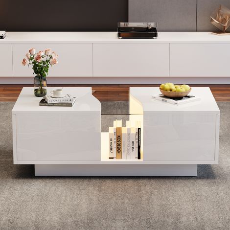 Table basse LED moderne avec 2 tiroirs – 100 x 50 x 35 cm, table d’appoint blanche brillante avec éclairage LED et plaque en acrylique, table d’appoint en MDF pour salon, chambre (1/5)