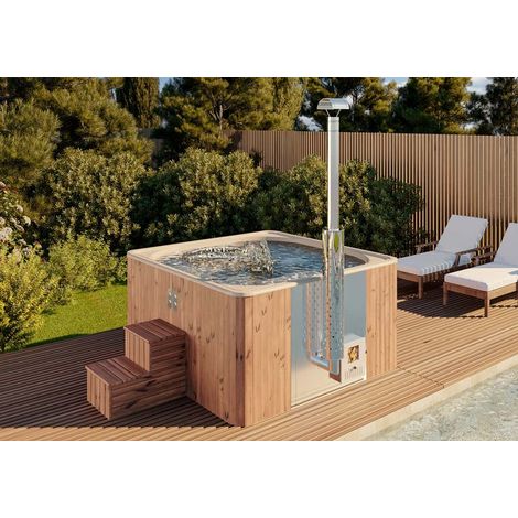 Bain à remous Riga – Spa rigide 6 personnes – Forme carrée 220 x 220 x 115 cm – 8 jets de massage – Poêle inox 30 kW – Finntherm