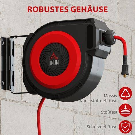 Dévidoir à tuyau avec mécanisme d'enroulement automatique, tuyau de 16,5 m, fixation murale, rouge et noir (1/5)