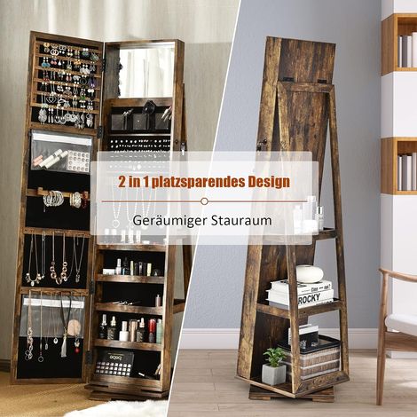 COSTWAY 2 in 1 Schmuckschrank & Leiterregal mit Ganzkoerperspiegel und kleinem Schminkspiegel, Schmuck Spiegelschrank abschliessbar und drehbar, Schmuckregal stehend Braun (1/5)