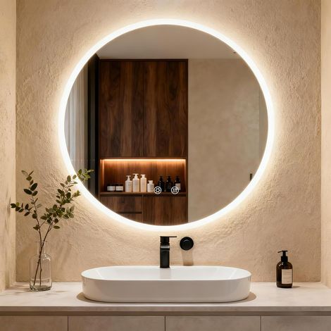 Runder LED-Badezimmerspiegel, 3 Lichtfarben, gehärtetes Glas, Berührungsschalter, Speicherfunktion, Antibeschlag - (80x80cm) (1/5)