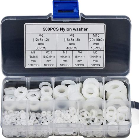 Lot de 500 rondelles en nylon blanches en 8 tailles avec boîte de rangement, rondelles de protection pour vis et boulons (1/5)