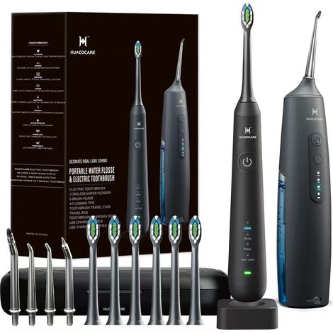Kit de nettoyage buccal 2-1 - Hydropulseur dentaire et brosse à dents électrique - Brosse à dents et fil dentaire - Pour le nettoyage des et la santé des gencives (Noir)