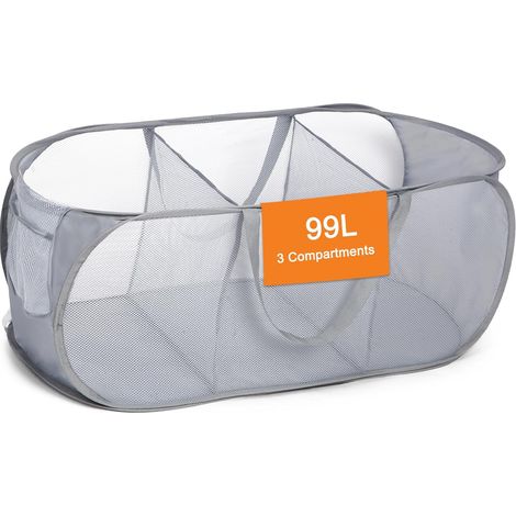 Panier À Linge Pliable - 3 Compartiments - Maille Renforcée - Poche Latérale - Pour Chambre Étudiante, Salle D Enfants, Voyage - Gris