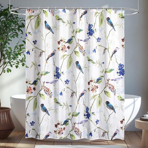 Rideau Douche Floral 180 x180cm, Moderne Minimaliste Imperméable Anti Moisissure Polyester Shower Curtain, Plantes Oiseau Feuilles Rideau de Bain Baignoire avec 12 Crochets pour Salle de Bains (1/5)