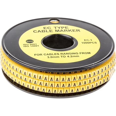 Repère câble , Ø câble 3  4.2mm, texte : A, Noir sur Jaune ( Prix pour Bobine de 1000 )