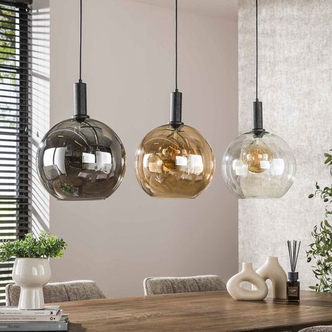 M&S – Suspension 3 lampes rondes 30 cm en verre ambré et chromé – Hauteur réglable jusqu'à 150 cm – Compatible ampoules LED E27 – Design moderne