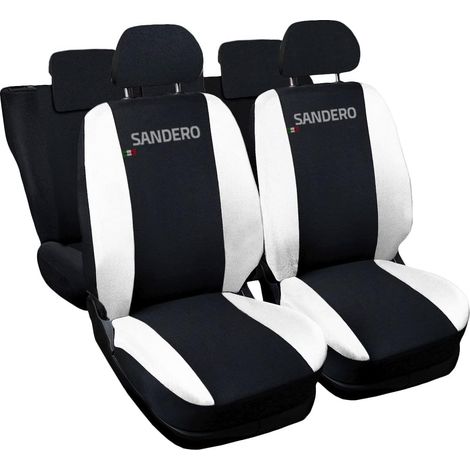 Lupex shop - Coprisedili Auto Compatibili per Sandero, Made In Italy, anteriori e posteriori con copri poggiatesta incluso, tessuto poliestere, Nero - Bianco