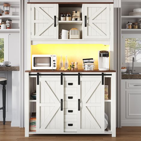 Meuble de cuisine (115 × 40 × 175 cm), haut buffet avec portes coulissantes et éclairage LED, noir et blanc. (1/5)