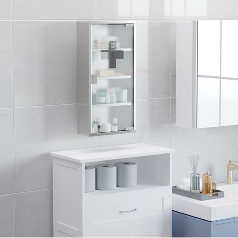 MEUBLIV armadietto portamedicinali da parete 30x12x60 cm argento – serratura, vetro satinato (1/5)