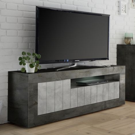 Meuble TV moderne gris oxyde et gris béton 3 portes 140cm NIO (1/5)