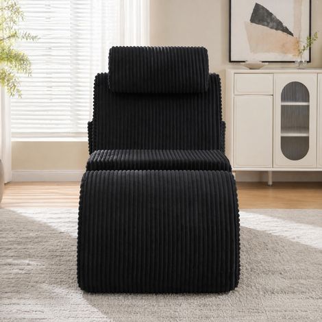 Sillón relax ergonómico de pana negra, cojín extraíble, bolsillo lateral, 160 cm (1/5)
