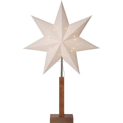 BUVTEC LED Standleuchte Stern Karo mit Holzfuß aus FSC®-Akazienholz – Weißer Papierstern 43 x 70 cm – Weihnachtsstern für Fenster, Wohnzimmer & Weihnachtsdekoration (1/2)