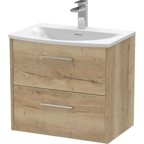 Winshill Contemporary 2 Drawer Wall Hung Vanity Unit with Curved Basin, Light Oak, 600mm