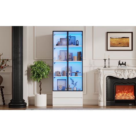 Vitrina alta LED 80x34x200 cm de MDF y vidrio templado, 2 puertas y 2 cajones OKWISH (1/5)