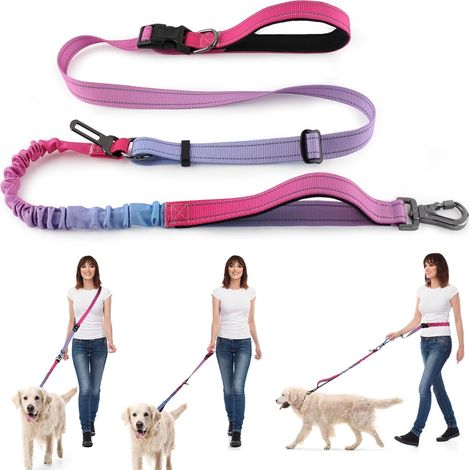 Laisse mains libres ultra-résistante pour chien avec élastique amortisseur - Conception à double poignée pour grandes races (rose-violet) (1/5)