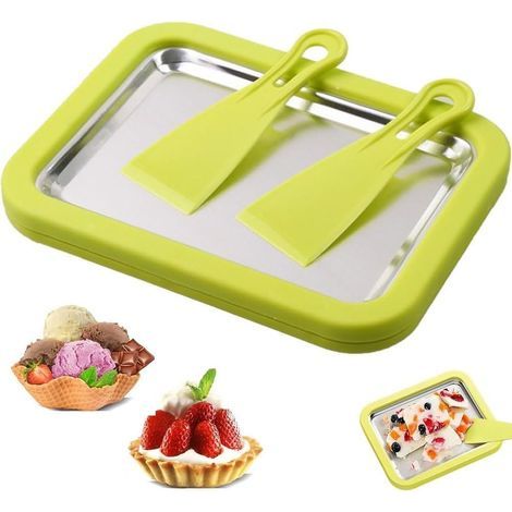 Plaque à Glace Roulée pour la Maison - Bac en Acier Inoxydable avec 2 Raclettes, Kit DIY pour Préparation Facile de Crème Glacée, Idéal Enfants, Famille et Fêtes (Vert) (1/5)