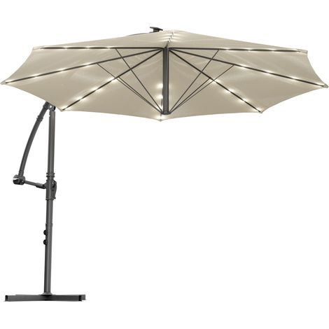 Solomoon - Ombrellone da giardino decentrato ø 350 cm con 32 led ad energia solare con manovella in accaio beige