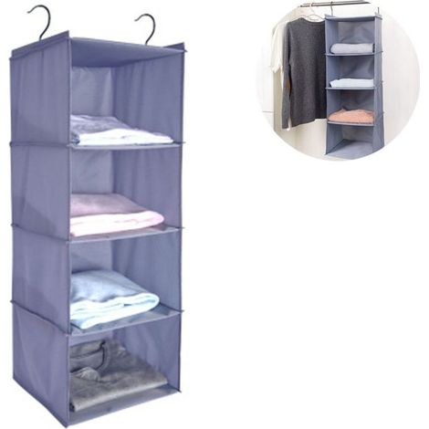 Penderie à étagère suspendue, 4 compartiments Organisateur d'armoire de camping en coton de haute qualité suspendu avec système de rangement pour organisateur à cadre en fer, gris