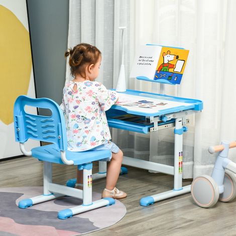 Bureau avec scolaire chaise pour enfants 6-12 ans à hauteur réglable - table basculant à 45° et lampe LED en acier et MDF - bleu