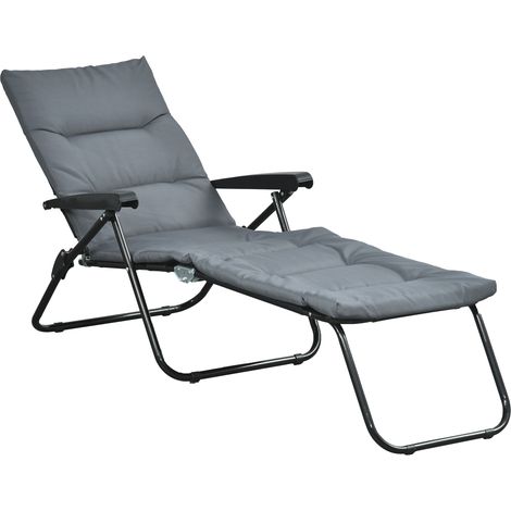 Bain de soleil pliable transat inclinable 6 positions grand confort avec matelas + accoudoirs acier polyester gris