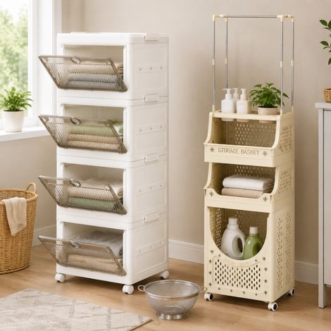 Set pieghevole per riporre il bucato (2 pezzi) – Carrello portabucato a 4 ripiani e contenitore pieghevole con ruote (1/5)