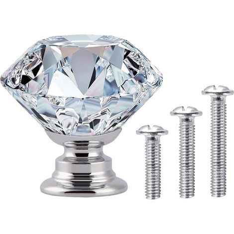 20 x poignée de porte de tiroir d'armoire - diamant en verre cristal clair + base en argent - 30 mm (1/5)