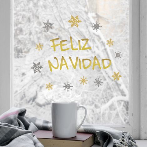 Stickers Noël Espagnol Citation Joyeux Noël Flocons Dorés & Argentés 29,7x21cm - Décorations Electrostatiques pour Fête & Cadeaux (1/3)