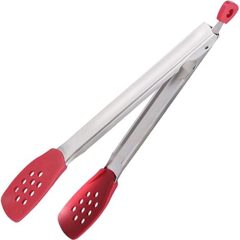 Pince de cuisine en silicone de 29,5 cm (11,6 pouces), poignées en acier inoxydable, pince anti-brûlure pour griller pain et steak, cadenas rétractable - Rouge (1/4)