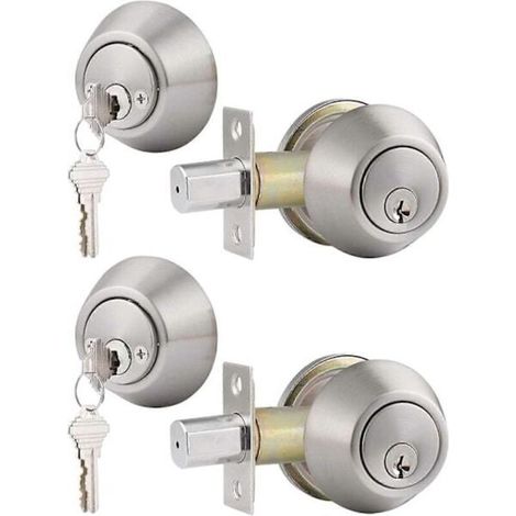 Deux cylindres de serrure avec la même clé, double cylindre de serrure, serrure de porte, finition nickel satiné, avec clé. (1/5)