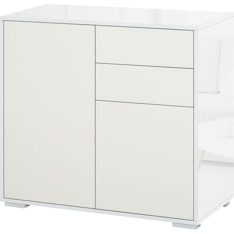 Buffet de cuisine à 2 portes et 2 tiroirs, structure blanche brillante, étagère réglable, meuble de rangement à ouverture par simple pression, idéal pour la chambre ou le salon, 79 x 36 x 74 cm, blanc (1/5)