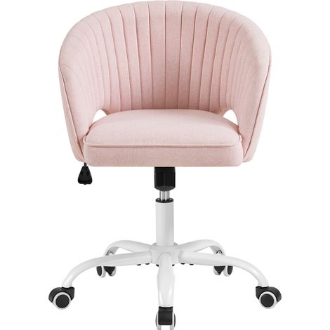 Homevive Silla de Escritorio Giratoria Sillón de Maquillaje de Tela con Respaldo Acolchado y Altura Ajustable para Oficina en Casa, Dormitorio y Salón, Rosa/Blanco (1/5)