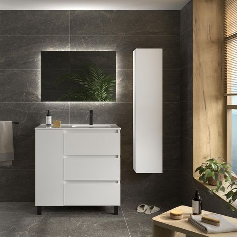 Meuble de salle de bain BEQUIA PLUS 3C 90cm Blanc mat Vasque Porcelaine Robinet à droite 1P (1/5)