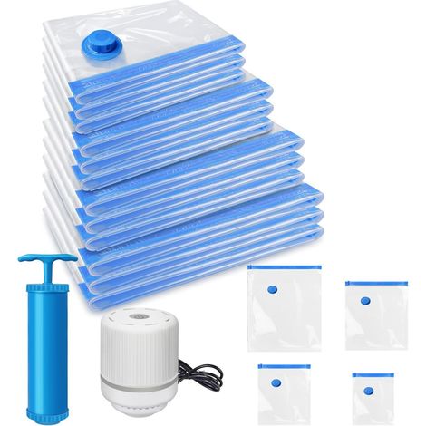 Sac de rangement sous vide, 12 pièces, réutilisable, peu encombrant, sac de rangement à fermeture à glissière à compression sous vide, pompe à air manuelle et pompe à air électrique, compression rapid