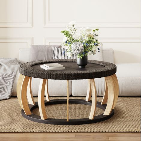 Mesa de centro redonda 90x90x43 cm negro marrón en madera maciza y MDF con ratán y patas curvas (1/5)