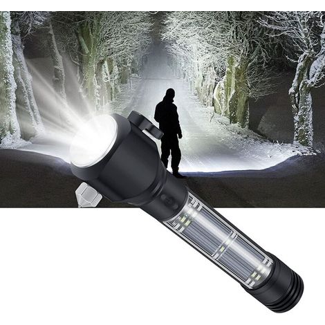RHG Lampe Torche LED Ultra Puissante avec Fonction de Charge Solaire, peut Charger des Téléphones Portables, avec Boussole, Corne, Lame et Marteau de Fenêtre Cassé